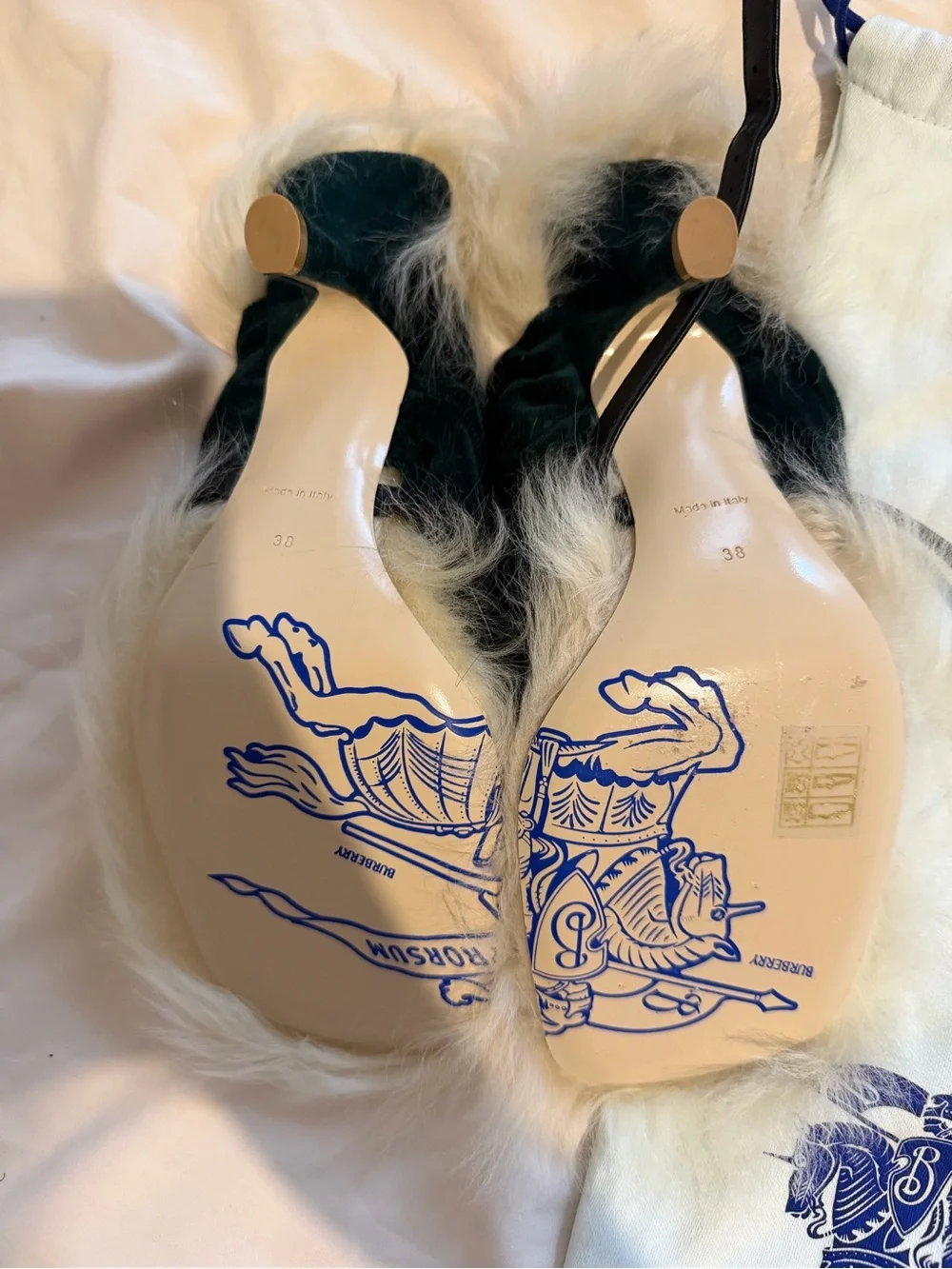 Burberry Green Velvet and Cream Fur Thong Heels